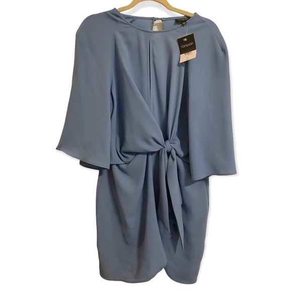NWT TopShop Blue Flared Sleeve Faux Knot Mini Dress Size 10 - Picture 2 of 8